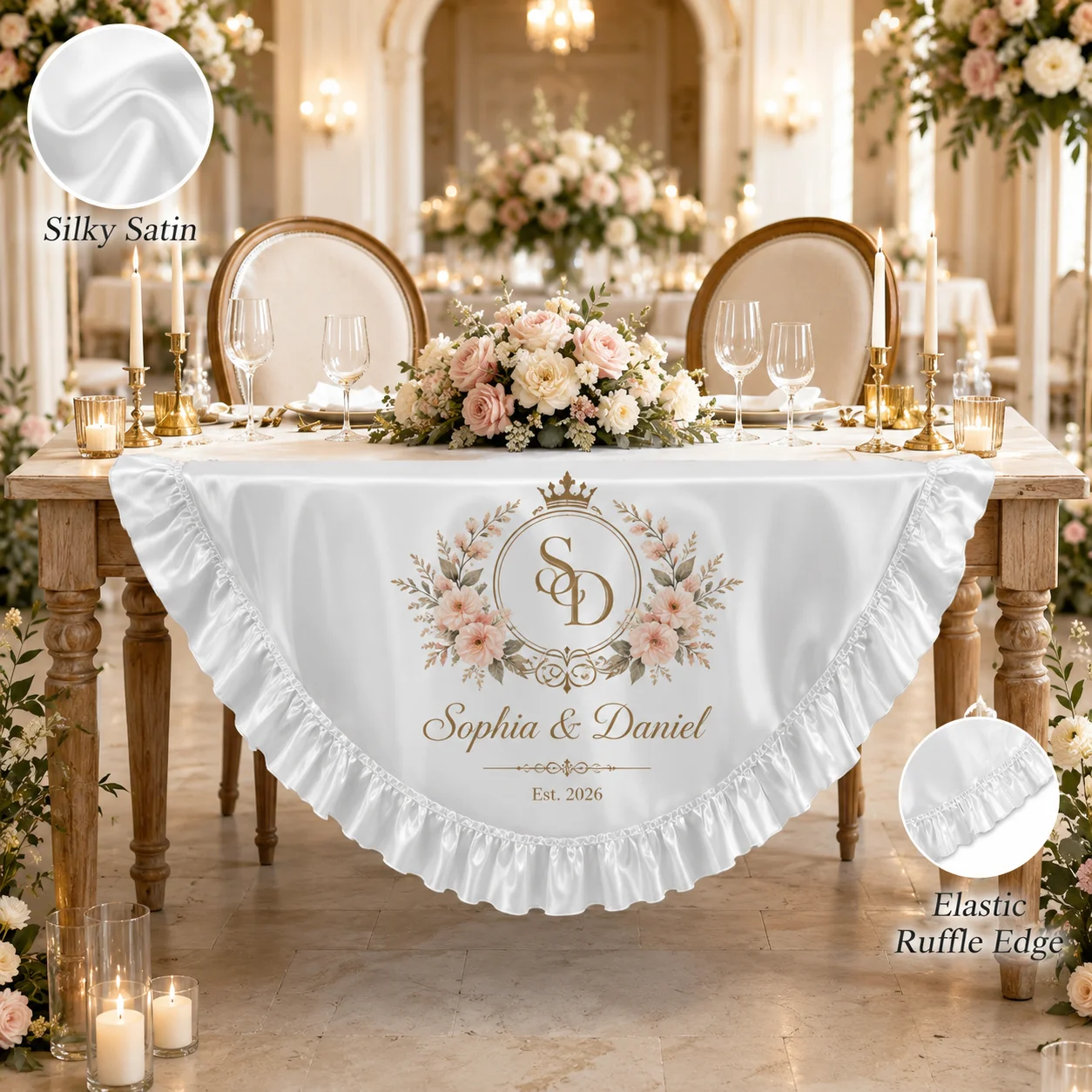 Custom Stretch Satin Ruffled Tablecloth Personalized Satin Table Cover for Wedding Party Banquet Home Decor Multiple Sizes Use