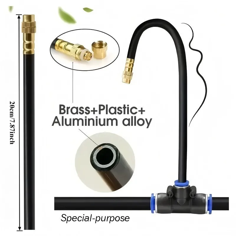 20CM  Free-bending atomizing nozzle Compatible with 8mm hoses with T-shaped adjustmentv, brass atomizing sprinkler