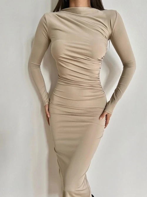 Women's Elegant Dress 2024 Spring/summer Latest Round Neck Slim Fit Sexy Zipper Long Sleeved Boat Neck High Waist One Step Skirt