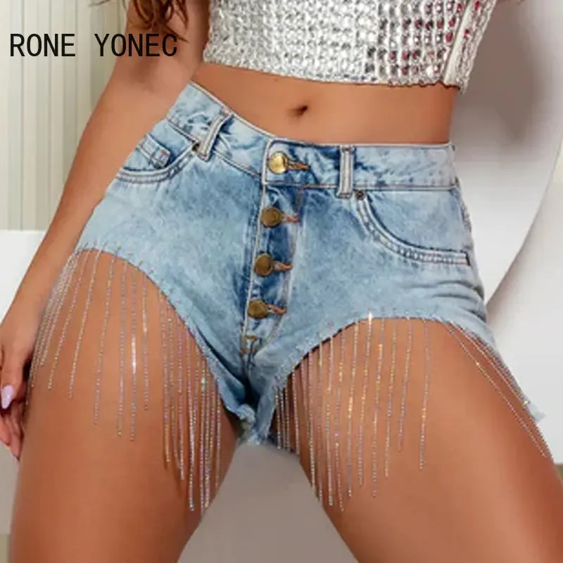 2023 Women Chic Casual Hot Chick Asymmetrical Skinny Rhinestone Tassels Super Short Denim Jeans