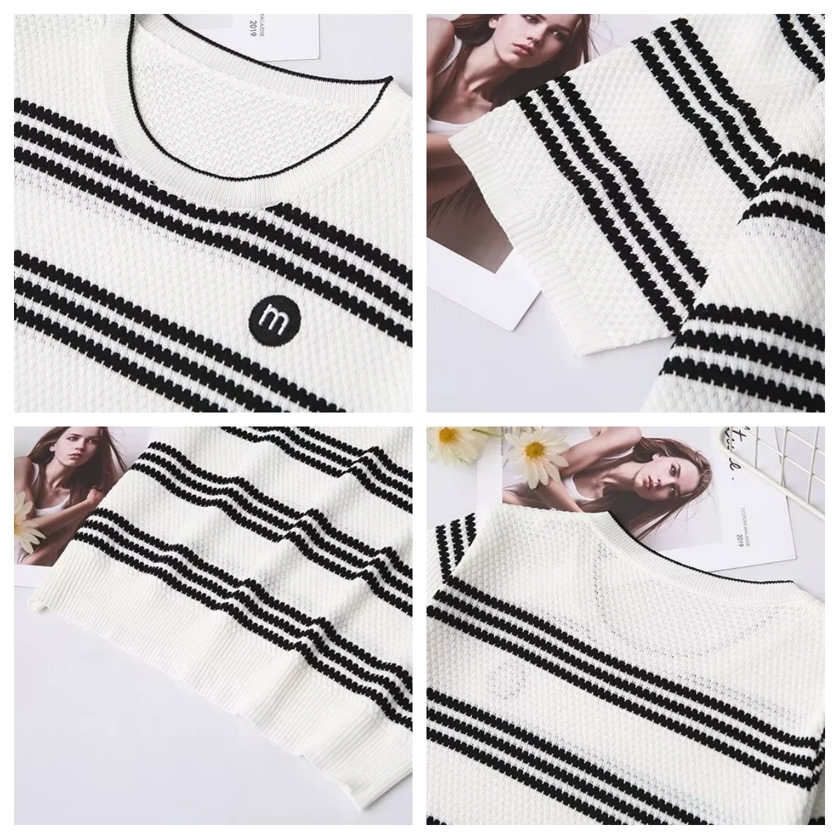 Summer Ice Silk Knit T-Shirt Women 2024 New Plus Size Loose Thin Casual Letter Embroidery Stripe short-sleeved Tops