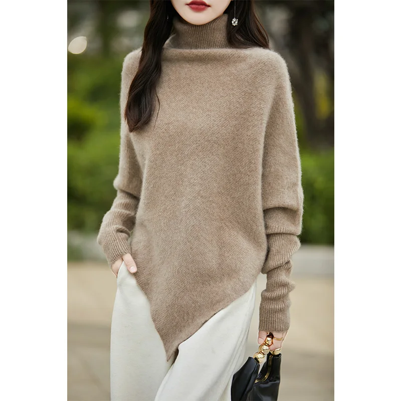 High Neck Long Sleeved Solid Color Wool Sweater For Women\'s Autumn Winter French Fashion Turtle Diameter Jumper Loose Knit Shawl