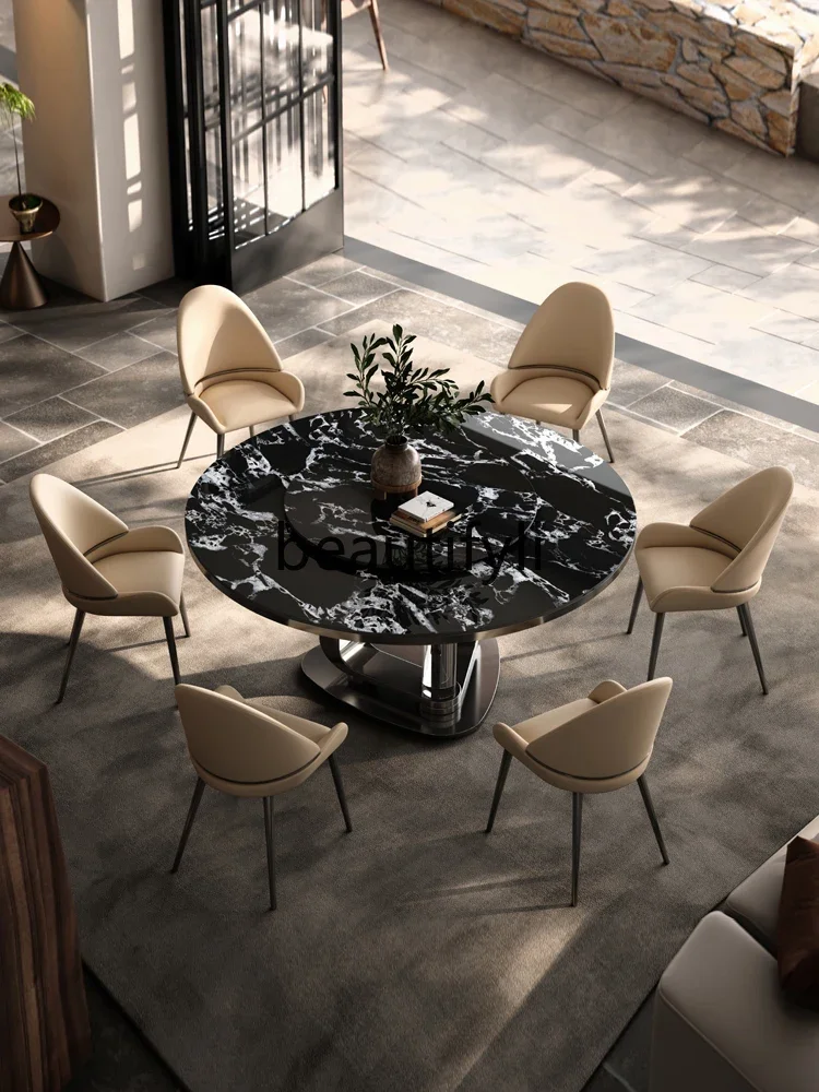 

Round rock slab dining table Italian minimalist family villa round table with turntable