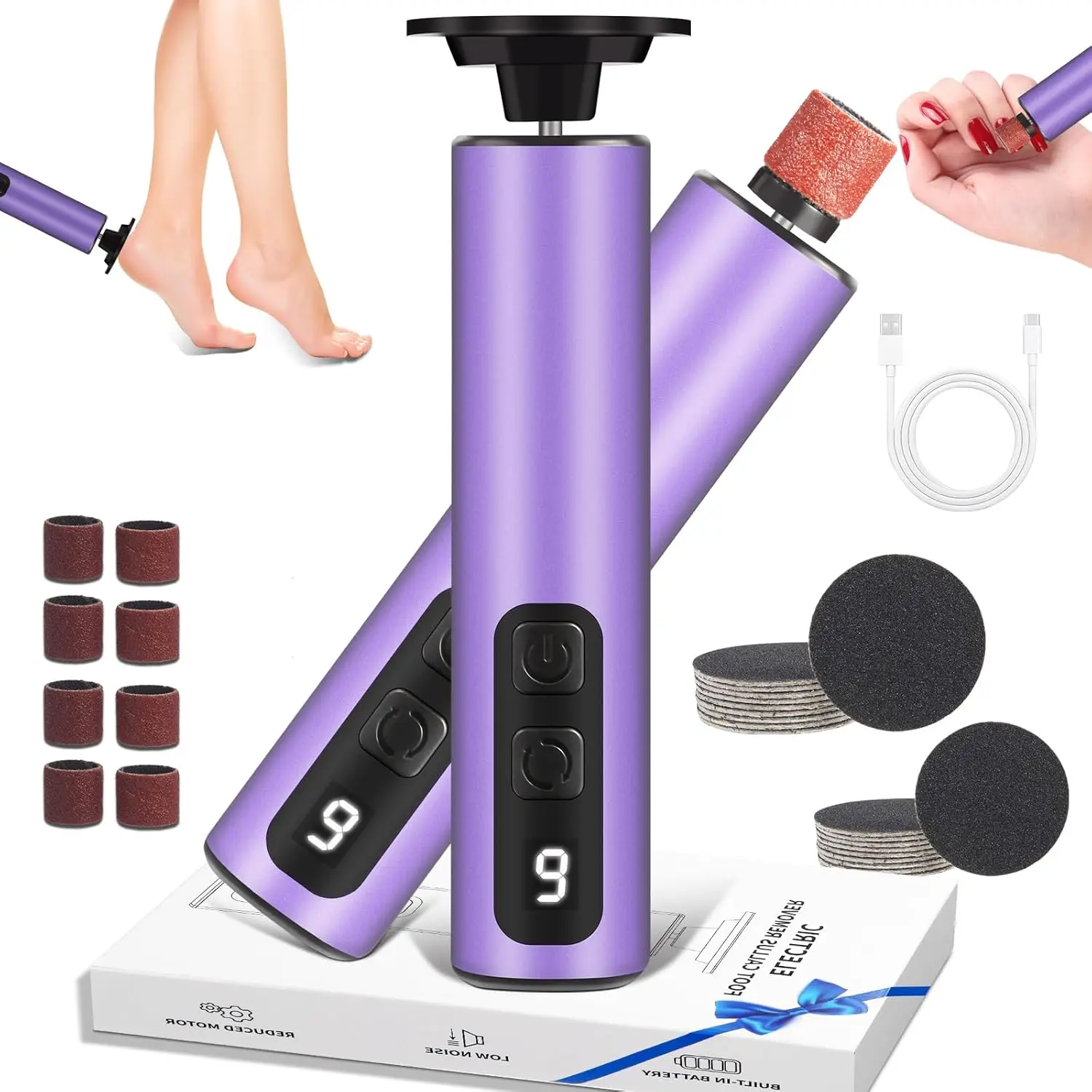 مزيل مسامير القدم الكهربائية 2 في 1 مطحنة ملف القدم الكهربائية طلاء الأظافر 9 سرعات أداة باديكير للبشرة الميتة والمتشققة #1