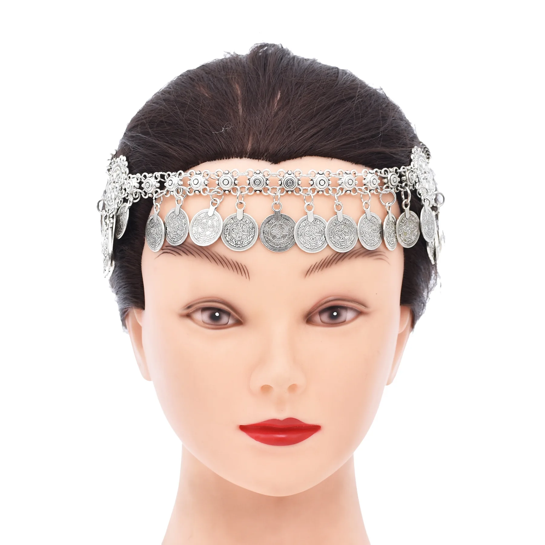 Exotic Ethnic Style Tassels Retro Tibetan Silver Forehead Chain Ancient Style Kazakh Miao Headdress Hair Band Accessories