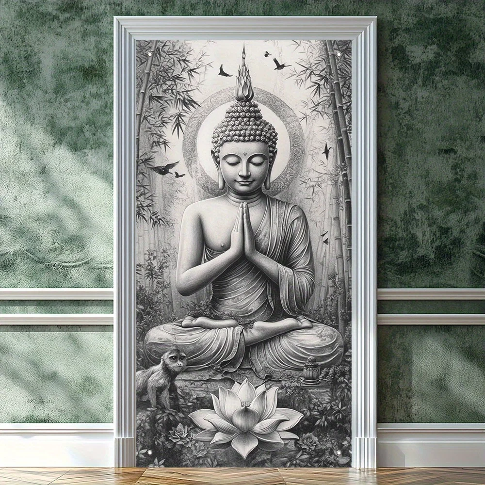 1pc Door Banner Featuring a Zen Statue Door Cover Measures 90x180 cm Curtain Polyester Material Family Party Decor Photo Cloth
