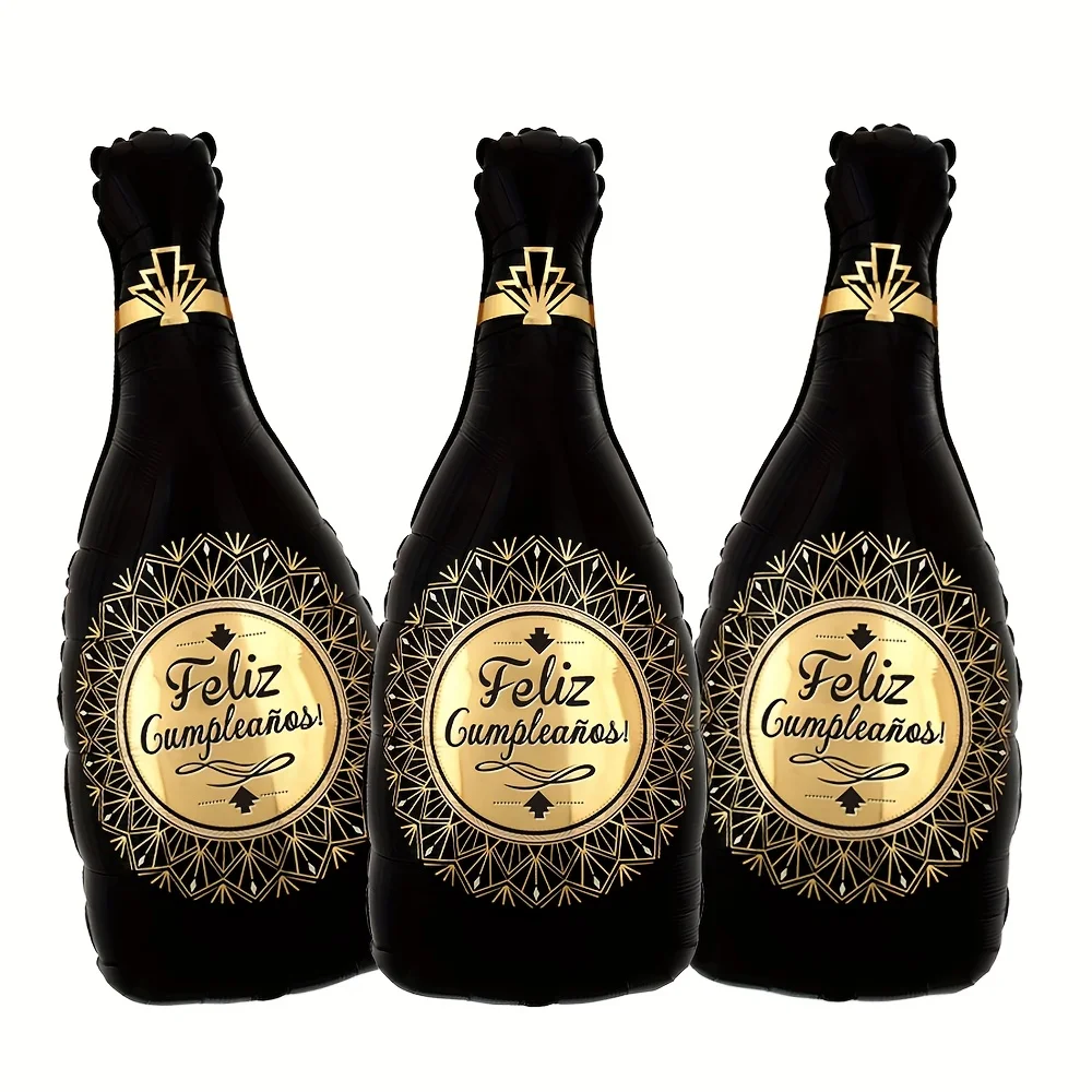 Paquete de 3/6, globos de papel de aluminio "botella de cumpleaños" en español y negro elegante de 28 pulgadas, para decoraciones navideñas, decoraciones para el hogar, muy adecuados para fiestas de cumpleaños, decoraciones para el jardín, decoraciones para el día nacional