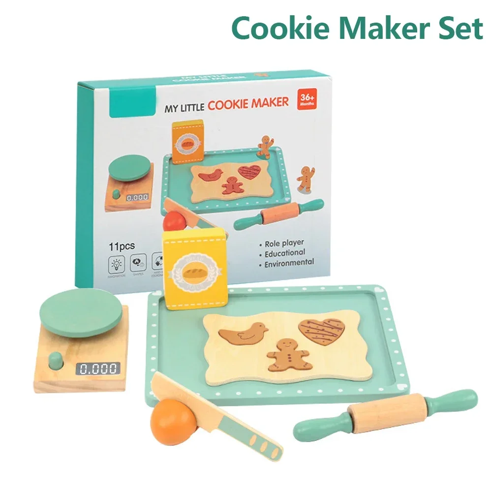 Kids Kitchen Toy Set Wooden Coffee Maker Set Simulation Cookie Maker Kit Pretend Play Educational Toys Gifts for Girls Boys