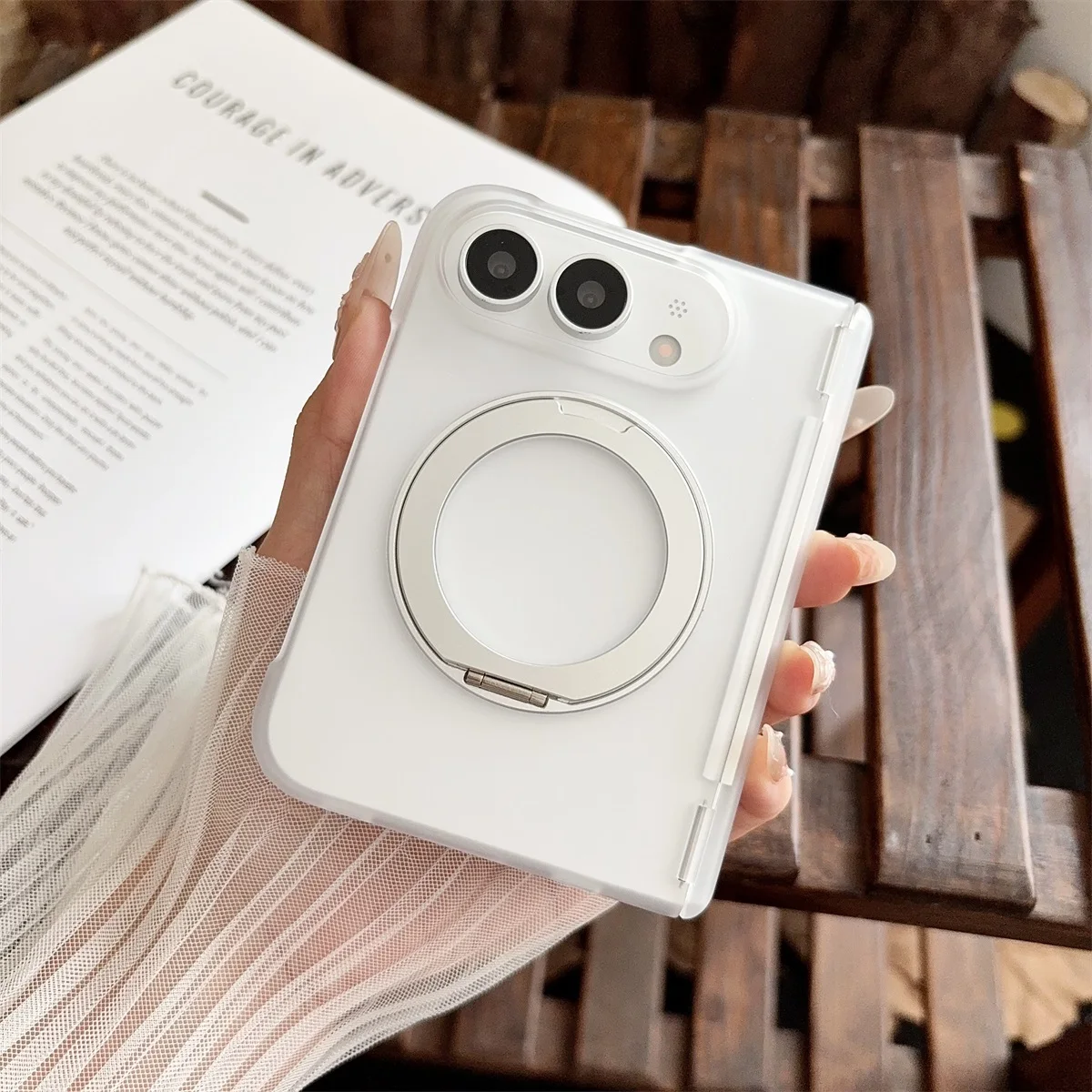 For iPhone Duo Case Ultra-Thin Matte Transparent Magnetic 360 Rotating Holder Hinge Folding Shockproof Back Cover Accessories