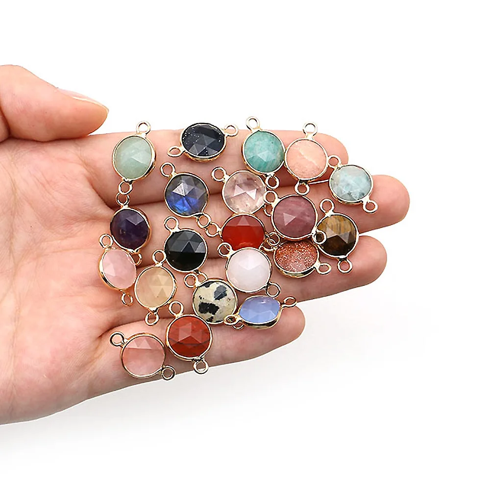 Natural Stone Connector Pendant Agate Quartz Faceted Round Charms for Jewelry Making Earrings Necklace Bracelet DIY Accessories