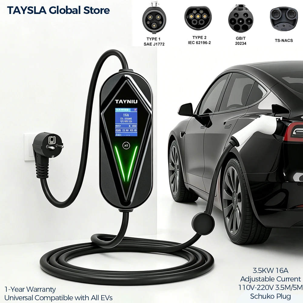 

TAYNIU Level 1 EV Charging Cable 3.5kW 16A Type 2 Type 1 J1772 GB/T NACS Schuko Plug 80V-260V 3.5M 5M Portable EV Charger