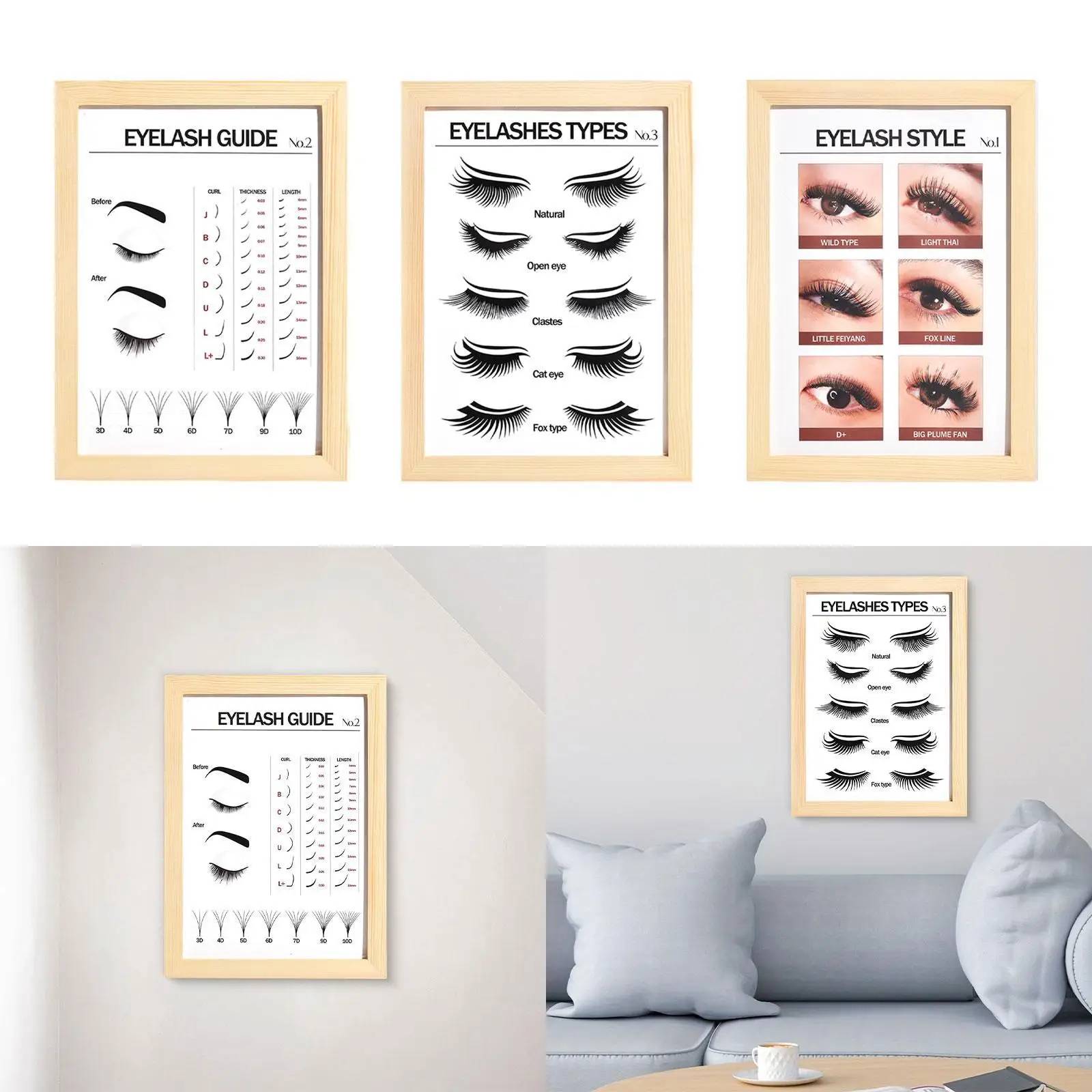 Eyelash Style Sticker Board Wood Frame Wall Art for Lash Studio Decor Salon Poster Photo Frame