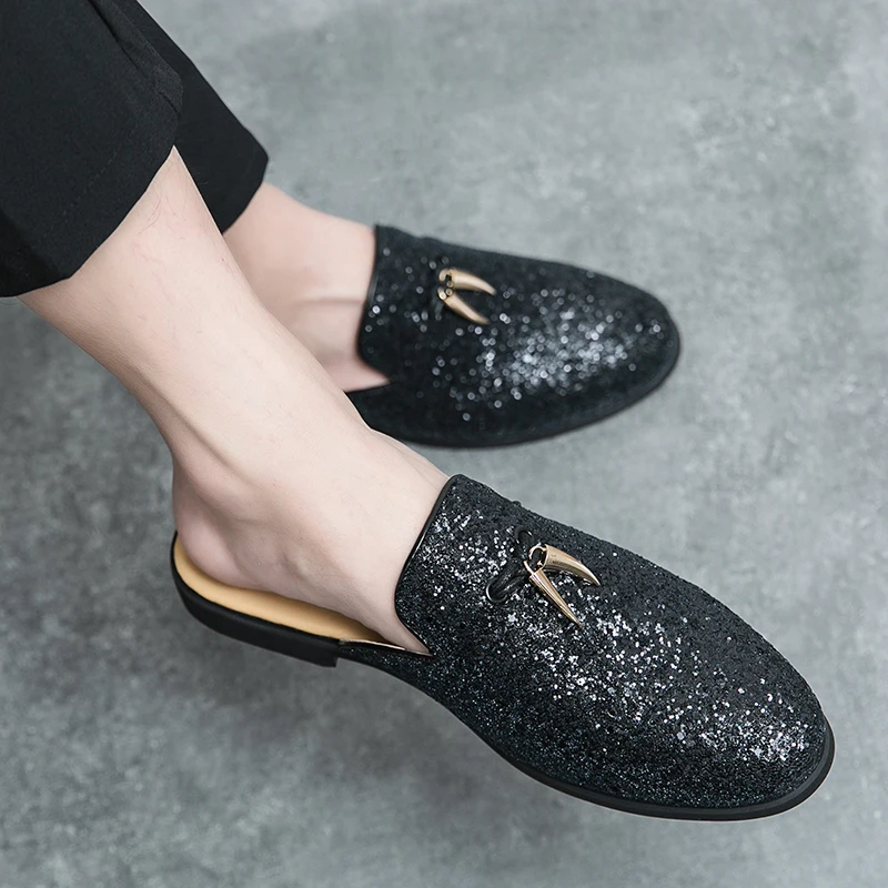 

2024 Summer Mules Men Half Shoes For Man Slippers Leather Mens Casual Shoes Semi Drag Loafers Slipper Male Slides Slip On Flats