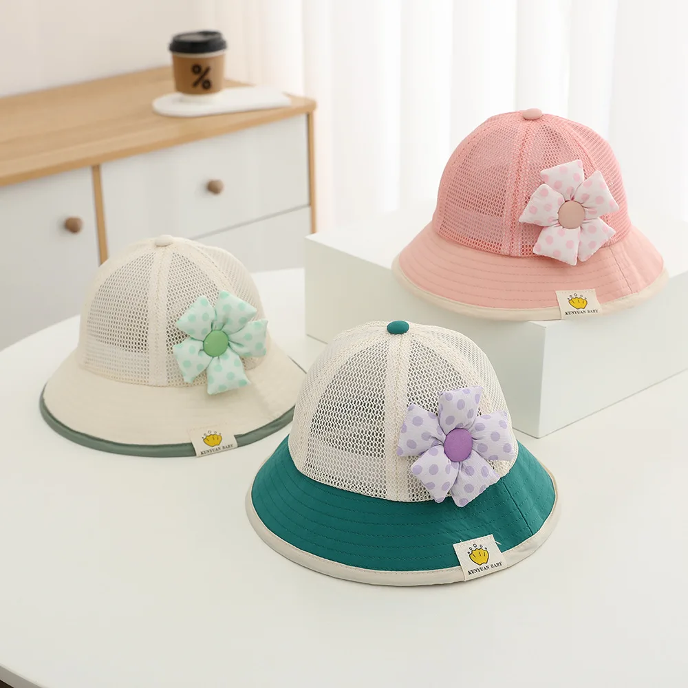 3 Colors Summer Cute Floral Girls Bucket Hat Kids UV Sun Protection Cap Outdoor Mesh Sunshade Hat 1-3Y