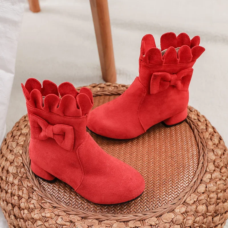 

Elegant Children Catwalk Short Boots Fashion Edge Ruffled Girl's Ankle Leather Boots Princess Versatile Kids High-heeled Boots