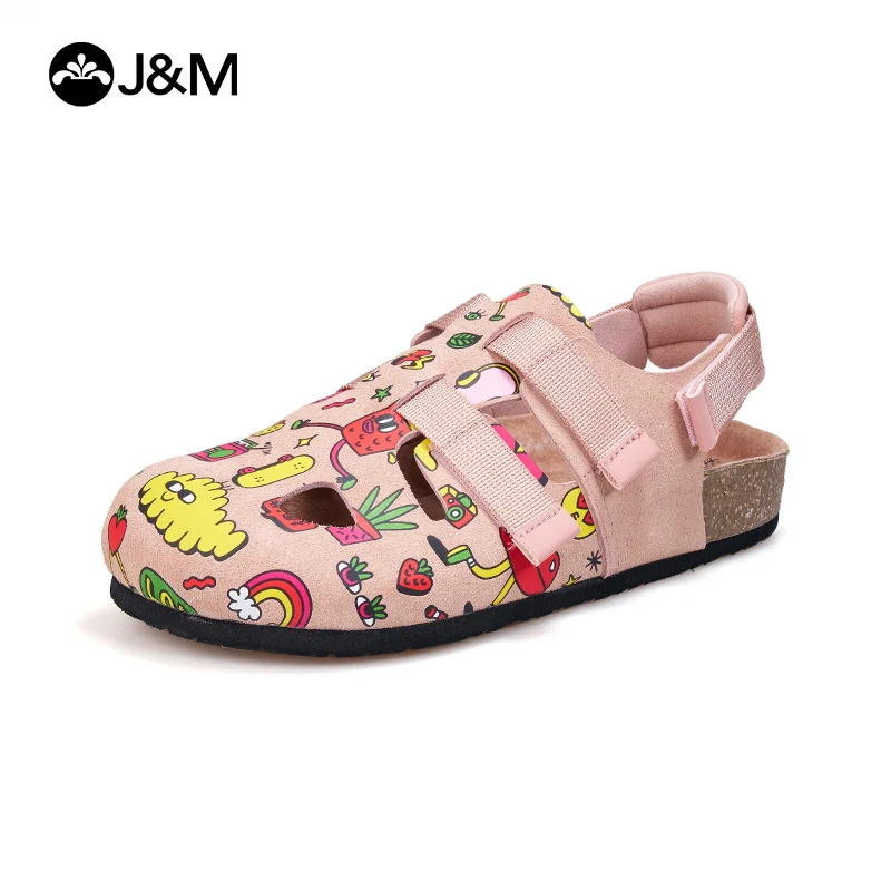 

J&M Women Leather Sandals Cartoon Printed Mules Fashion Casual Espadrilles Summer Lady Gril Flats Slip-on Shoes Beach Slippers