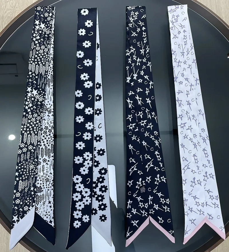 Black And White Flower Print Women Fashion Skinny Small Bag Twill Silk Scarf Ribbon Head Hair Handle Tie Scarf For Women