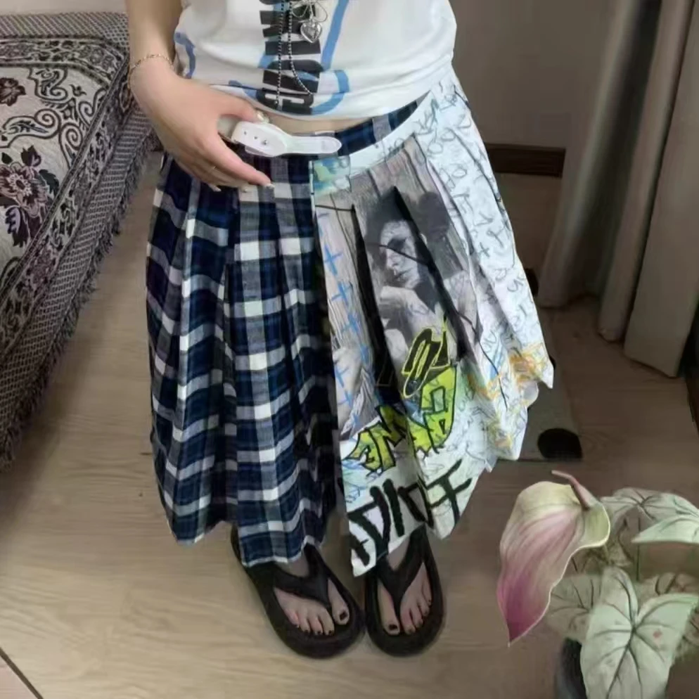 جديد في خريف وشتاء 2025 تنورة طويلة منقوشة بطيات مرقعة للنساء موضة 2025 تنانير متوسطة الطول ملابس نسائية