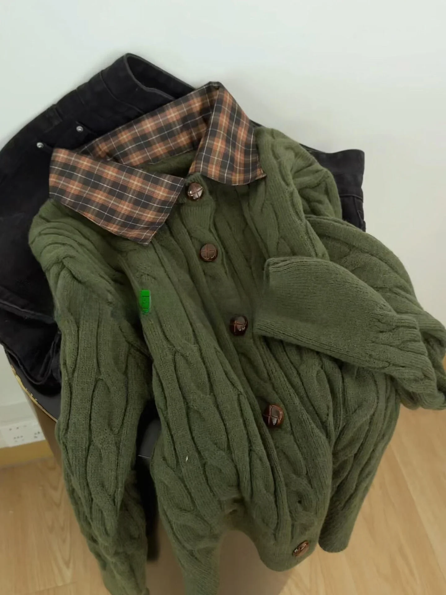 

Оливковый клетчатый вязаный свитер с воротником и воротником, женское зимнее свободное пальто с высокой талией и пуговицами, High Ne Long Sve Thiened