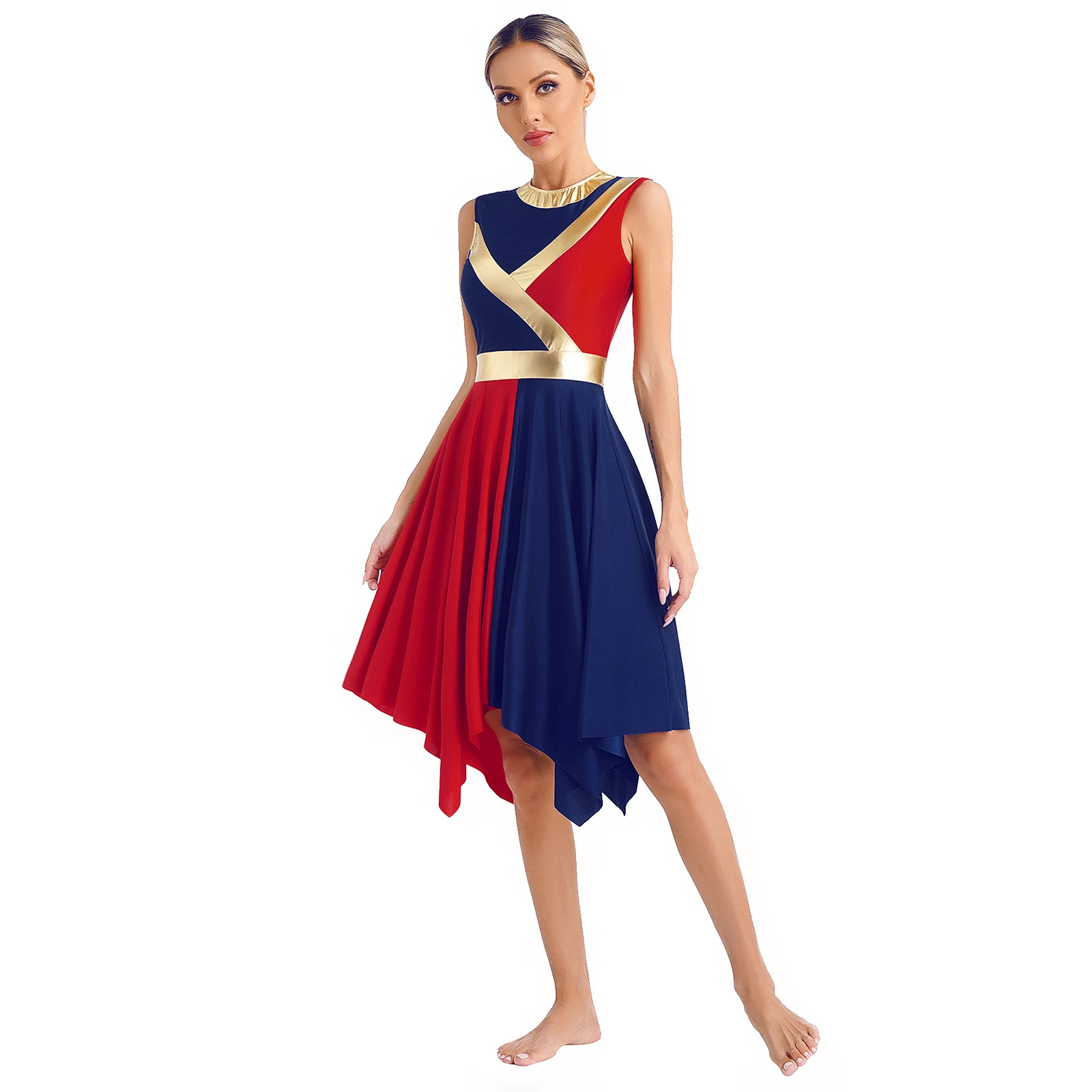 Mulheres Fantasia de Dança Lírica, litúrgica Dança Louvor, Vestido de Adoração, Sem Mangas, Metálico, Bainha Assimétrica, Dancewear para Igreja, Câmera Dancewear