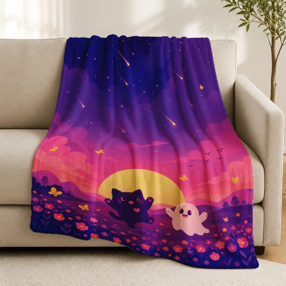 Kawaii Galaxy Stars Throw Blanket for Sofa Couch Decor Sunset Night Sky Anime Character Sleep Throw Plaid Cushion Gift