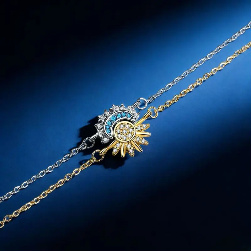 2 pcs, Shiny Cubic Zirconia Sun and Moon Bracelet for Women, Adjustable Bracelet Set for Couples, Gift