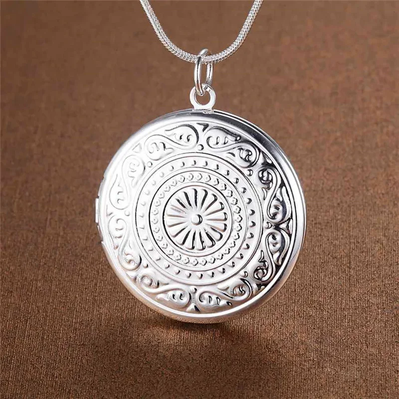 High quality 925 Sterling Silver classic round Photo frame Pendant Necklace for woman wedding party fashion Jewelry  Gift