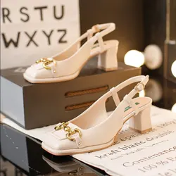 Womens Summer Footwear Transparent Shoes for Woman 2025 Chunky Heels Studded Green with Medium Block Heel Sandals Square Toe Y2k