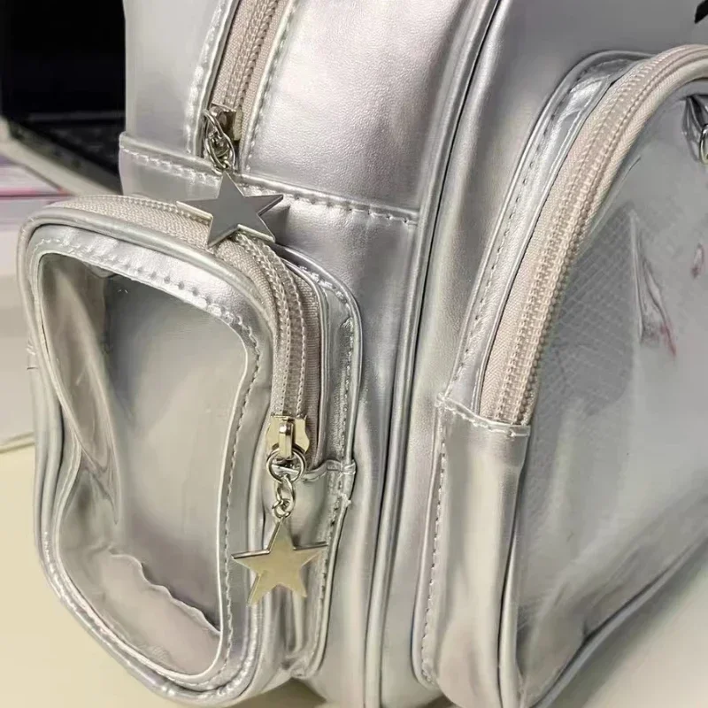 Y2k Silver Backpacks for Women Cute Cat Transparent Shoulder Bag Fashion Designer Bag Large Capacity Crossbody School Backpack