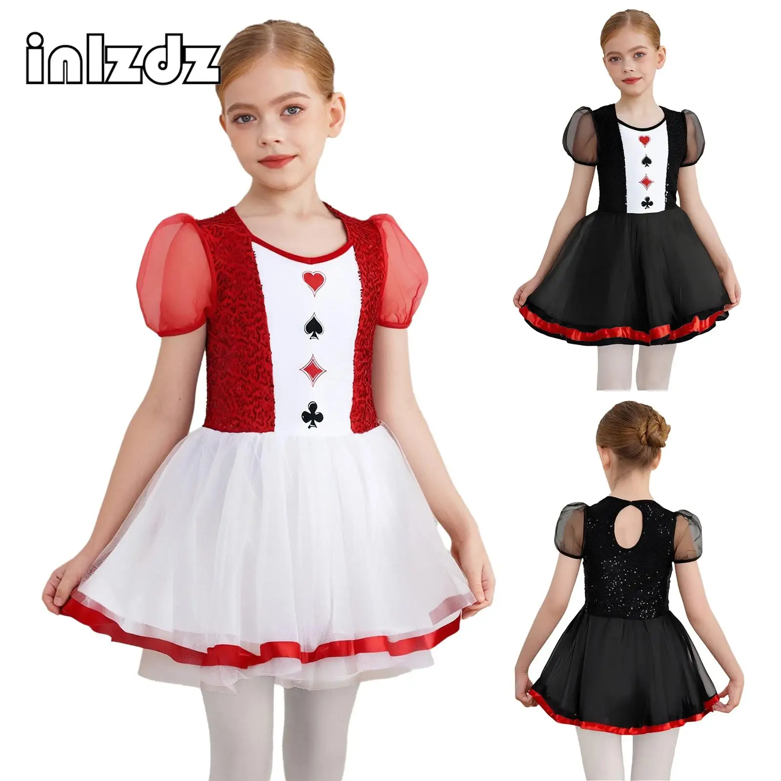 

Girls Halloween Heart Queen Cosplay Costume Sequins Mesh Short Sleeve Puffy Dress+Briefs Set for Stage Performance Party Clothes