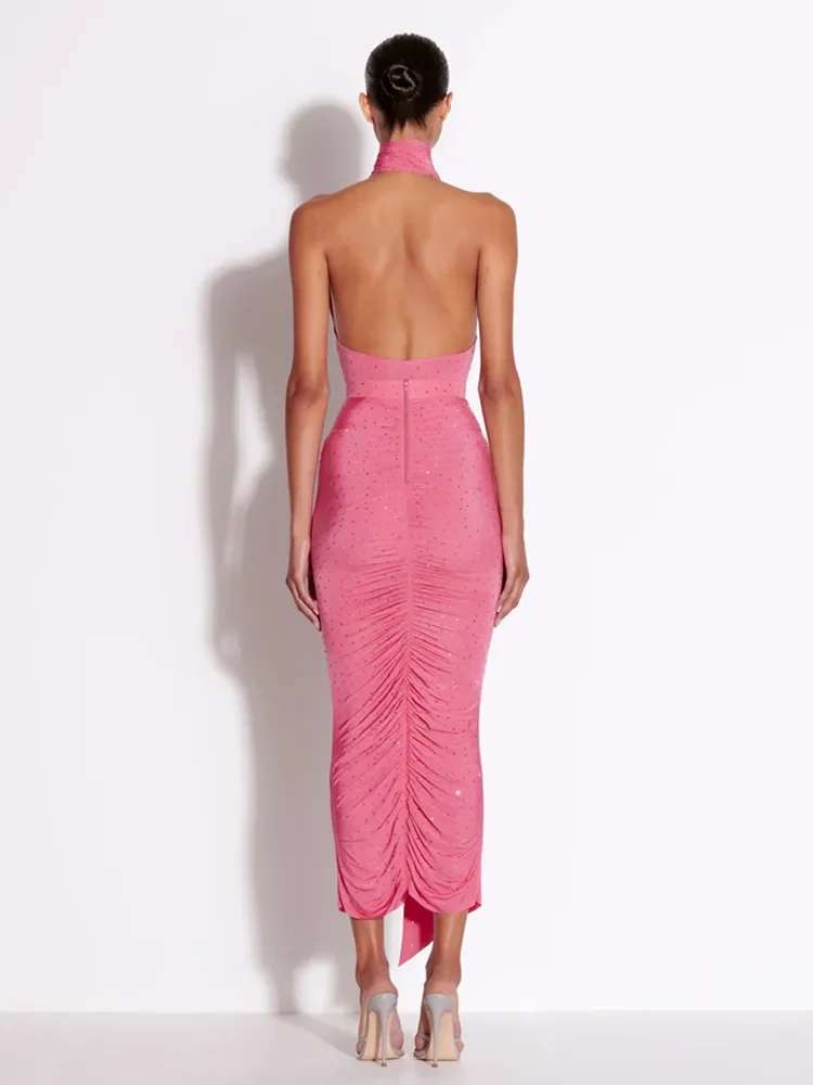 Women Sexy Backless Halter Diamonds Pink Midi Ruched Summer Skirt Set 2024 Celebrity Elegant Evening Club Party Outfits