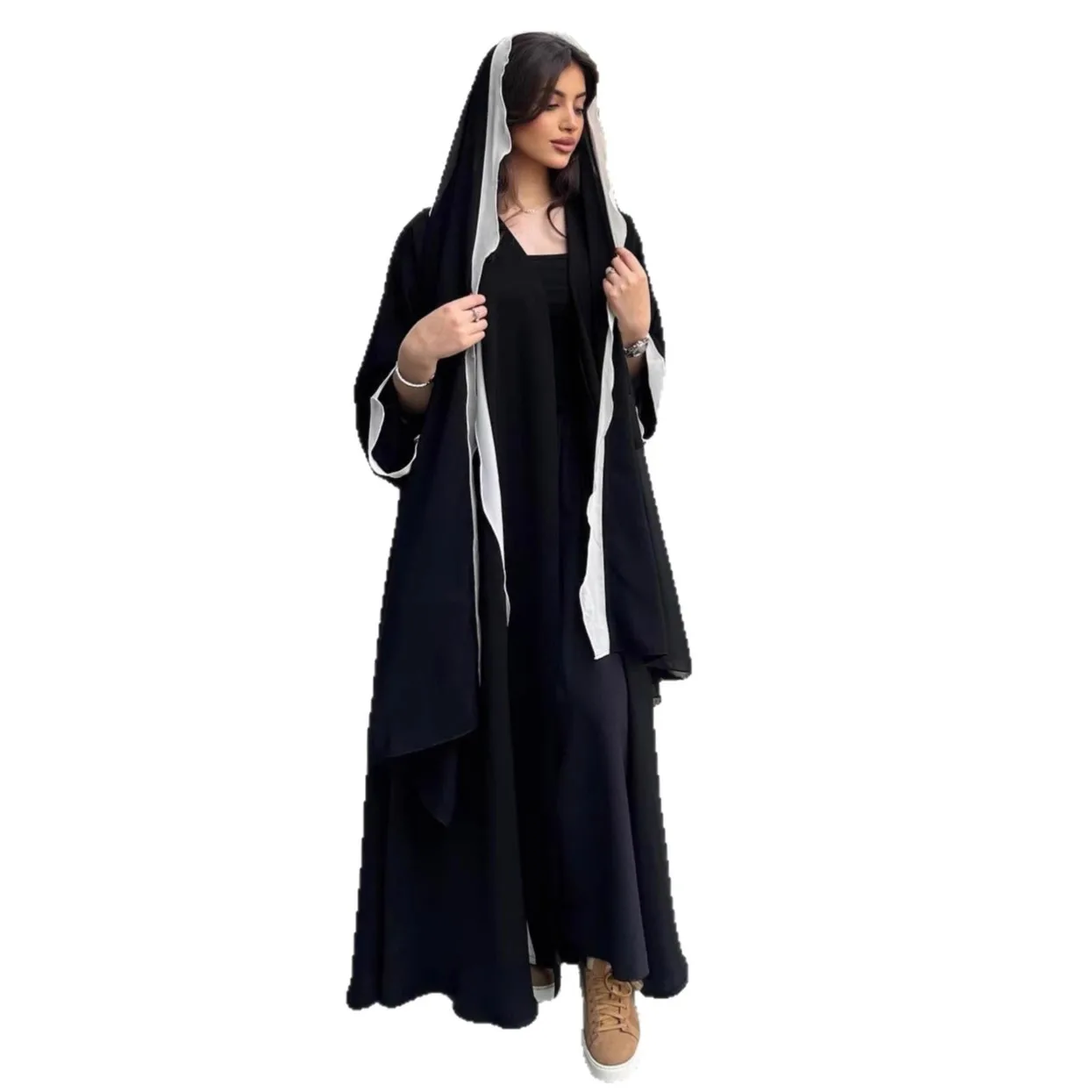 

Middle East arabic robe headscarf + cardigan two-piece set lace elegant luxury women's foreign trade (with headscarf) cw45291