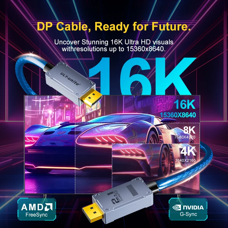 DisplayPort Cable 2.1 16K60Hz 8K120Hz 4K144Hz 80Gbps HDR, HDCP DSC 1.2a, DP 2.1 Cable Compatible FreeSync G-Sync Gaming Monitor