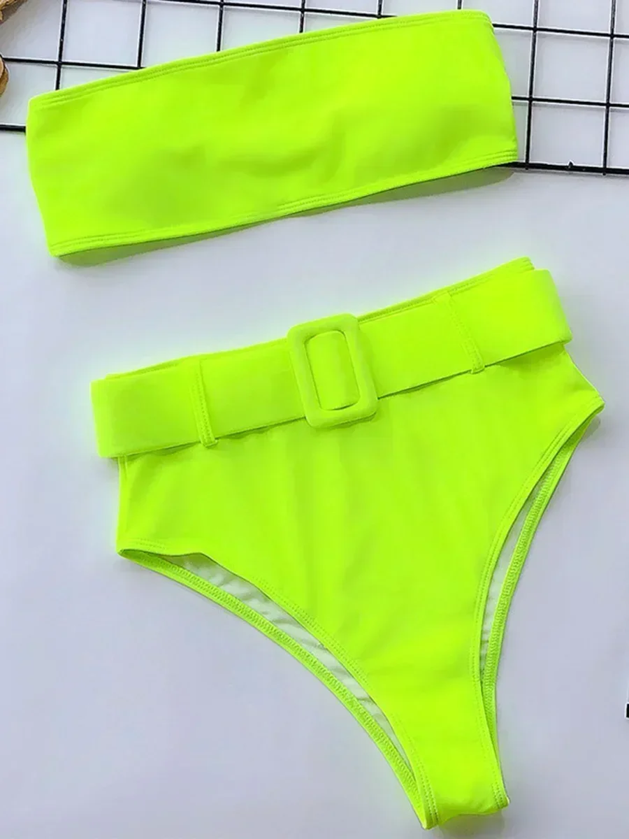 Neon Green Bandeau Swimsuit High Waist Bikini 2024 Women Swimwear Female Two pieces Bikini set Buckle Waistband bathing suit