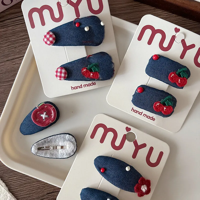 

Cartoon Hair Clips 1 Pair Kawaii Cherry Apple Denim Side Clips Kids No Damage Bangs Clips Trendy Girl Hair Accessories