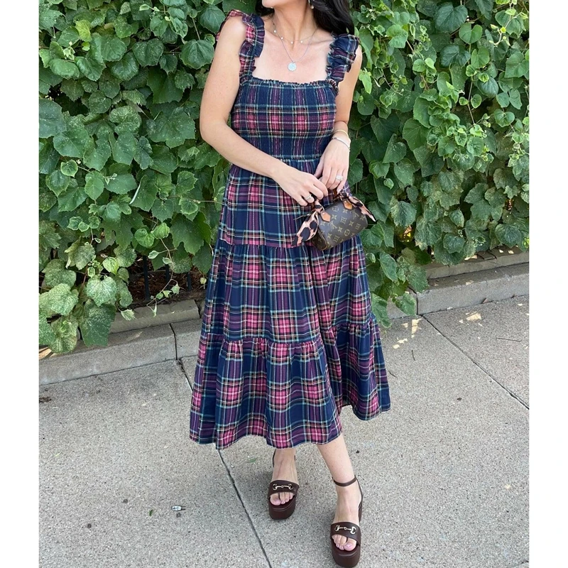 Combhasaki Donna Estate Senza Maniche Increspato Cinghie Larghe Smocked Collo Quadrato Backless A strati Flowy Swing Allentato A-line Abito Lungo