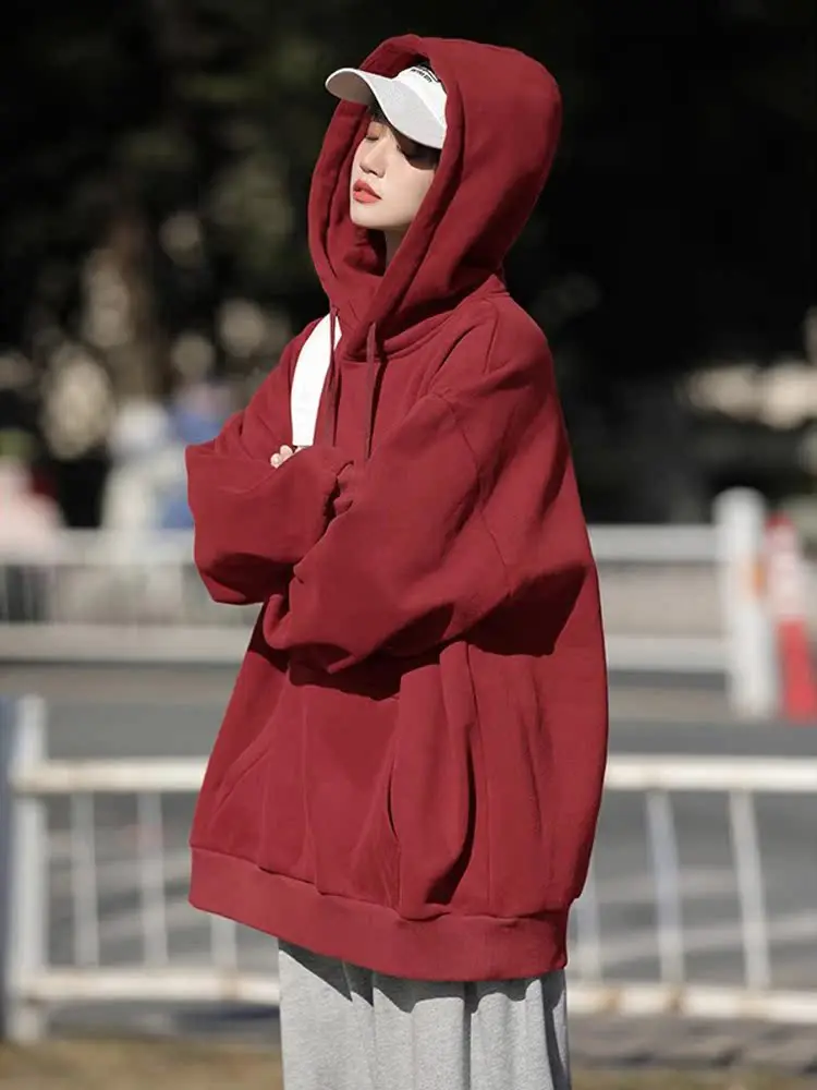 

Red Wine Color American Hiphop Sweatirt Thin 500g Heavy Du Hooded Jaet Men's Oversize Trendy Brand Couple's Clothes