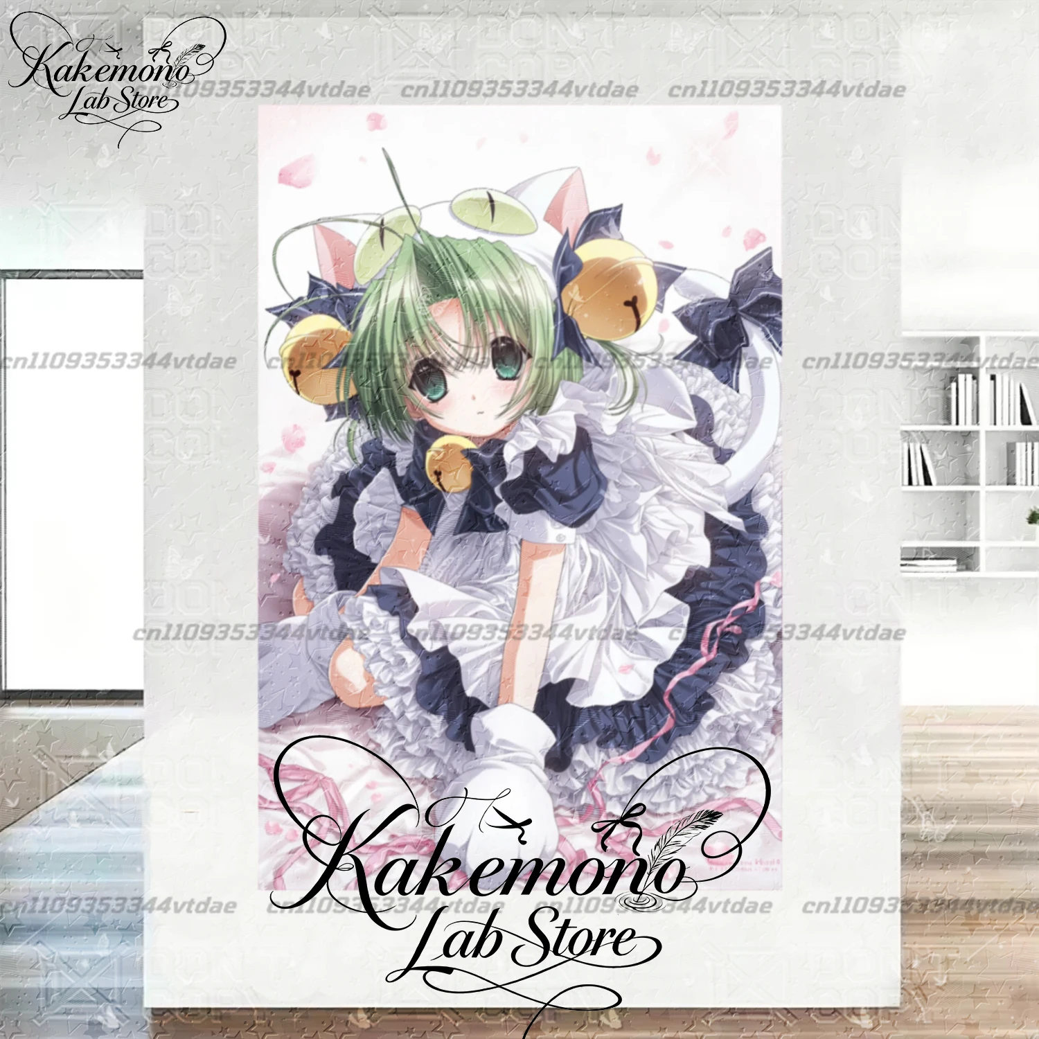 Di Gi Charat Dejiko Vertical Tapestry Green Hair Cat Girl Maid Dress Bells Anime Wall Hanging Pink Petal Bedroom Home Decor