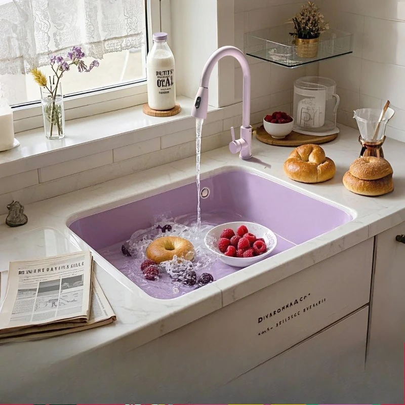 Taro purple quartz stone large single slot color kitchen sink sink hand seamless integration warm and soft feel silent.