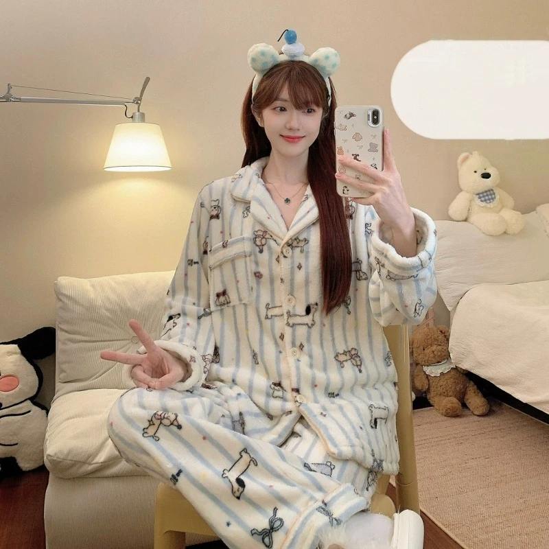 

Autumn Winter New Warm Thick Women's Pajamas Set Long-sleeved Trousers Two-piece Set Pajamas Cute Soft HomeWear Kawaii Dog Print