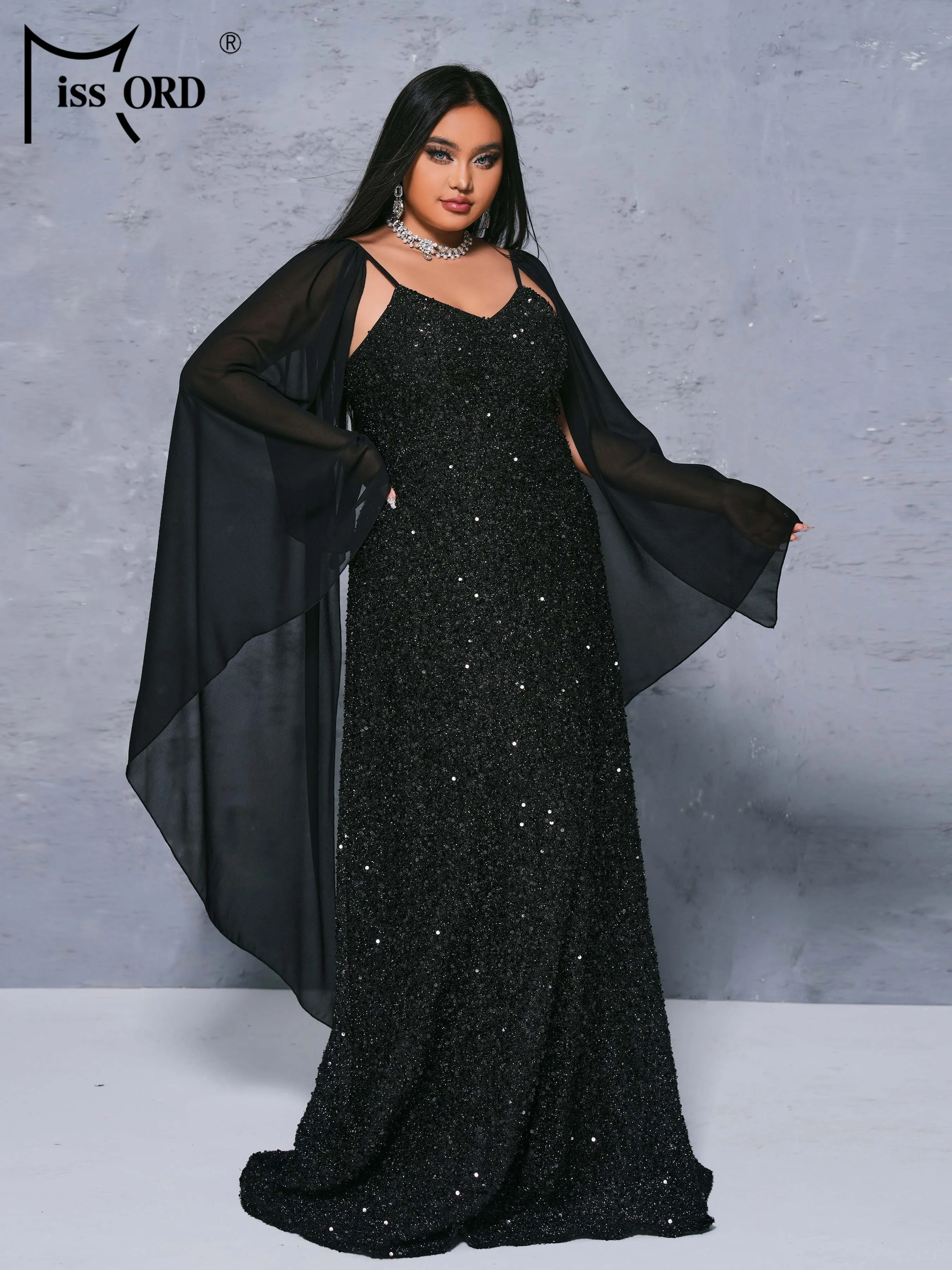 Missord 2024 New Plus Size Church Dress Black Bat Sleeve Sparkling Loose Evening Wedding Birthday Party Formal Occasion Dresses