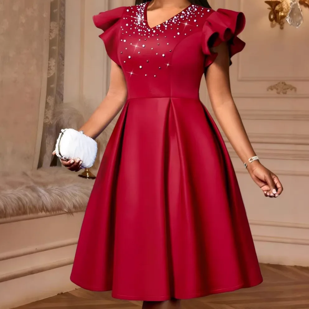

Plus Size Ruffle Sleeve A Line Women's Dress with Pearl Embellished Neckline Wedding Cocktail Parties Special Celebrations