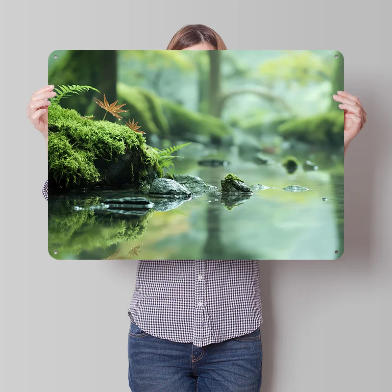 Affiche imprimée en texture 3D « Ruisseau de forêt tranquille », plaque métallique vintage personnalisée pour décoration murale, décoration de chambre, décoration intérieure