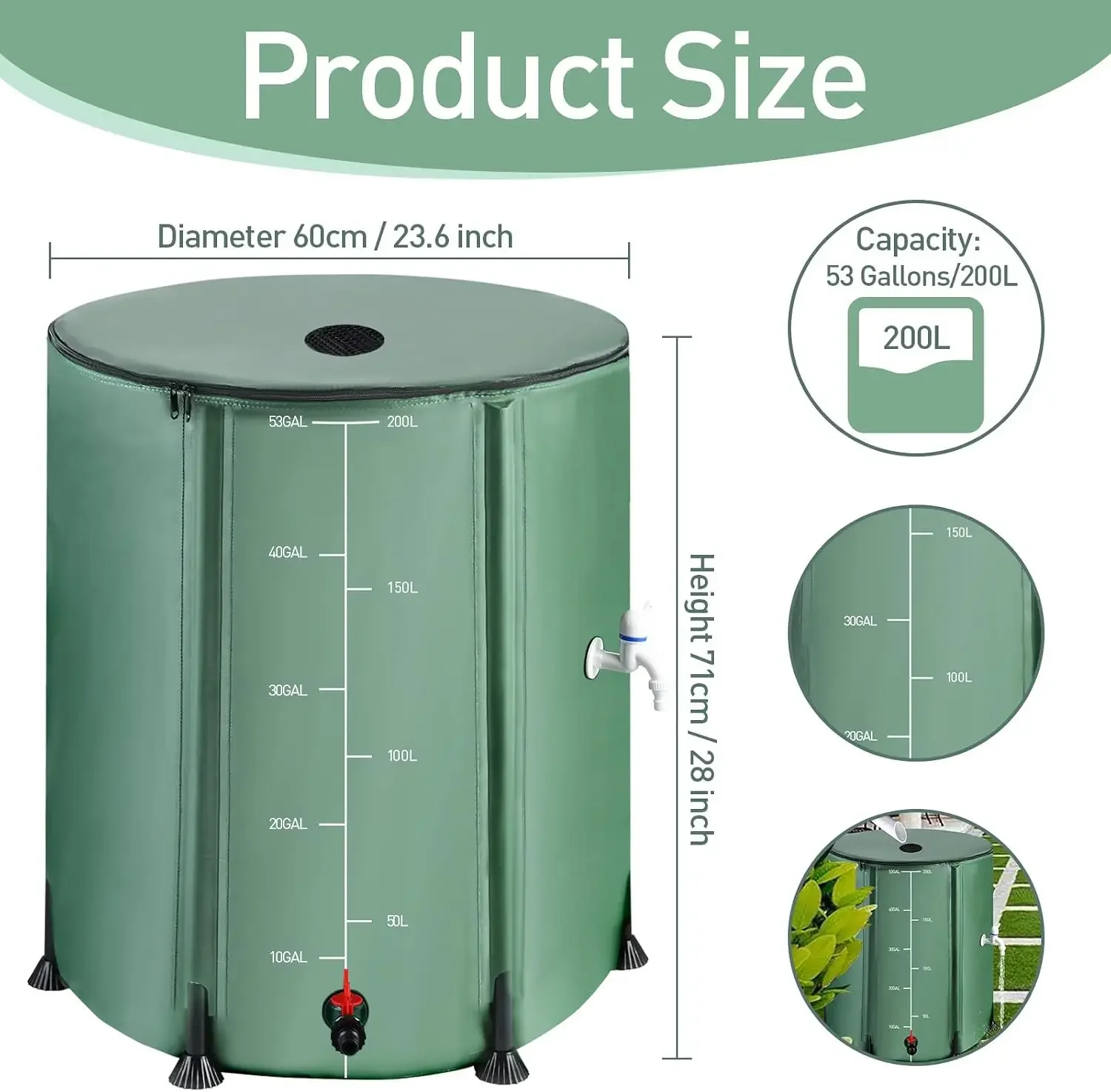 53 Gallon Collapsible Rain Barrel with Zipper Open and 12 Poles | 200L Protable Rainwater Collection System Kit,1000D Oxford,Rai
