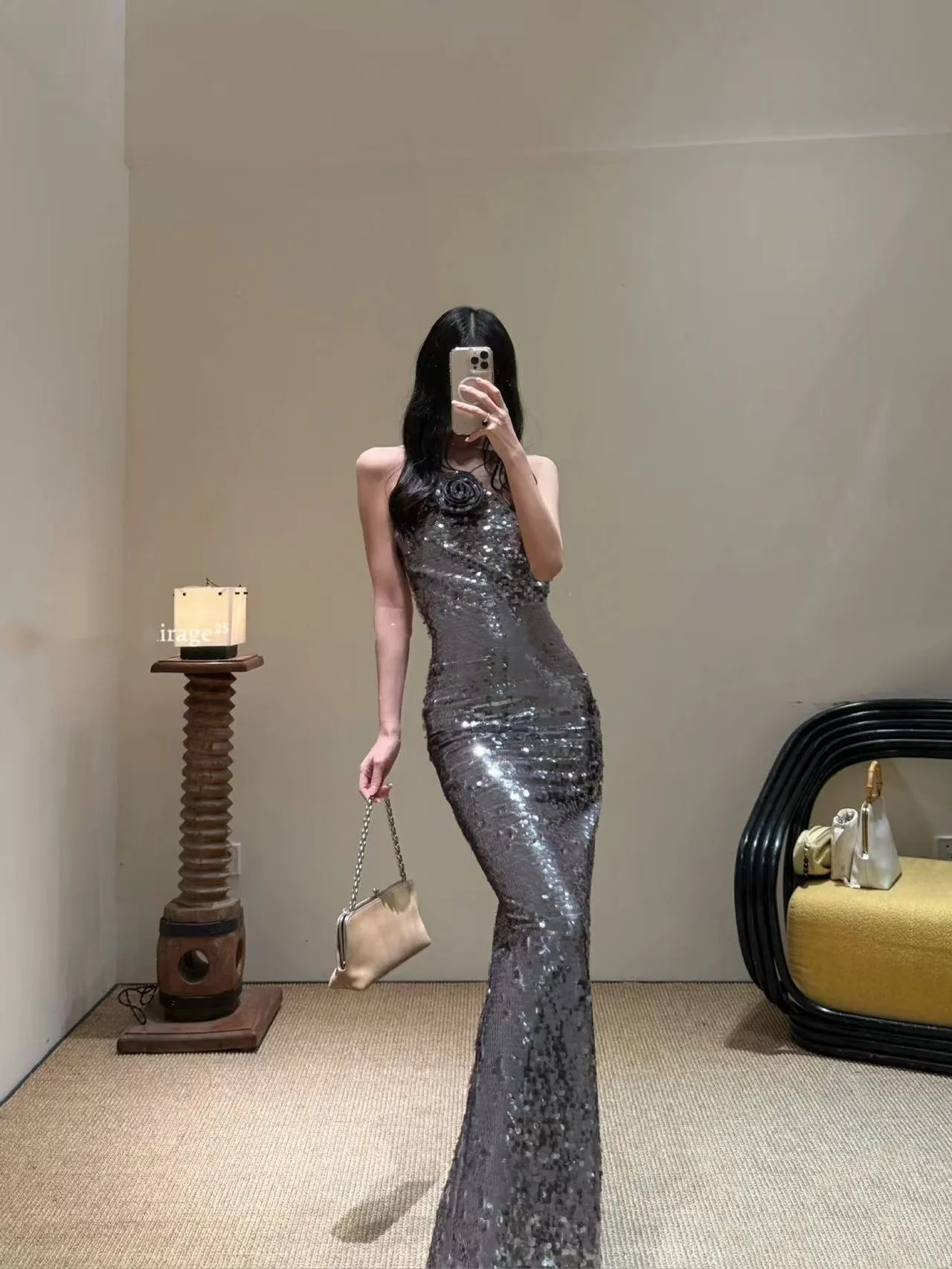

Elegant Glittering Backless Dress Fashionable Mid-Waist Long Skirt for Date Dinner Party Performance Polyester Fiber Zipper S...