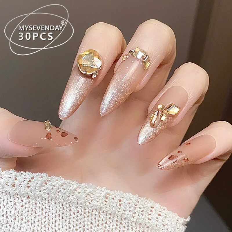 Wear Nail Premium Cat-eye Leopard Flash Diamond French Nail Art Tik Tok Boom Hottie Pure Desire Fake Nail Patch