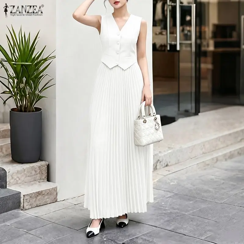 

ZANZEA 2PCS Office Outfits Summer Elegant Sleeveless V Neck Short Sleeve Cropped Shirt Pleated Dress Sets Women 2 Pieces Sets