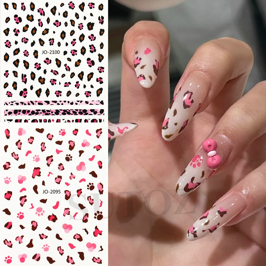 Pink Leopard Print Nails Stickers Autumn Winter Irregular Leopards Pattern Design Sweet Hot Girls Manicure Decals Decoration #JO