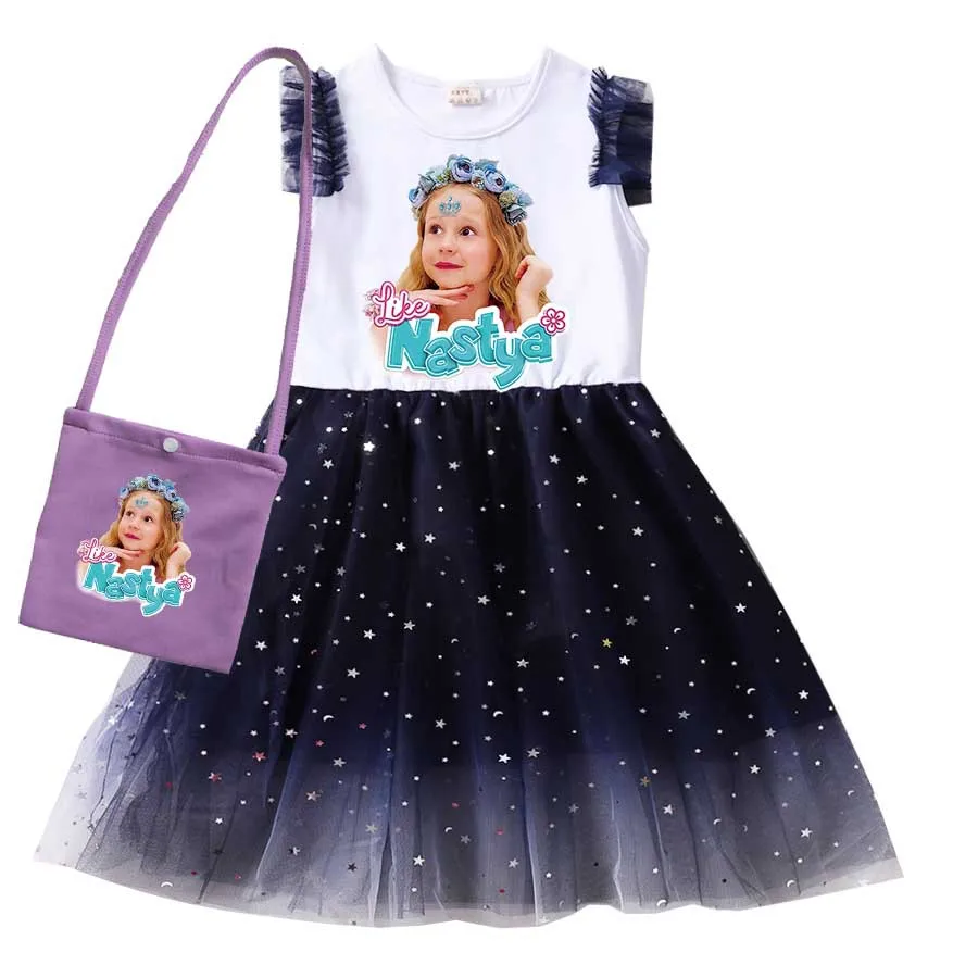 

Russia Lovely Like Nastya Clothes Baby Girls Cartoon Casual Dresses Kids Fancy Party Princess Vestidos Children Dress Wreath Bag