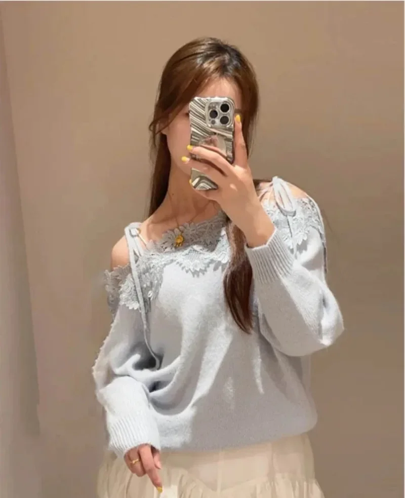 Bandage Off Shoulder Ropa Mujer 2024 Woman Sweater Spliced Lace Outerwears Autumn Sweet New Clothes Women Japan Loose Roupas